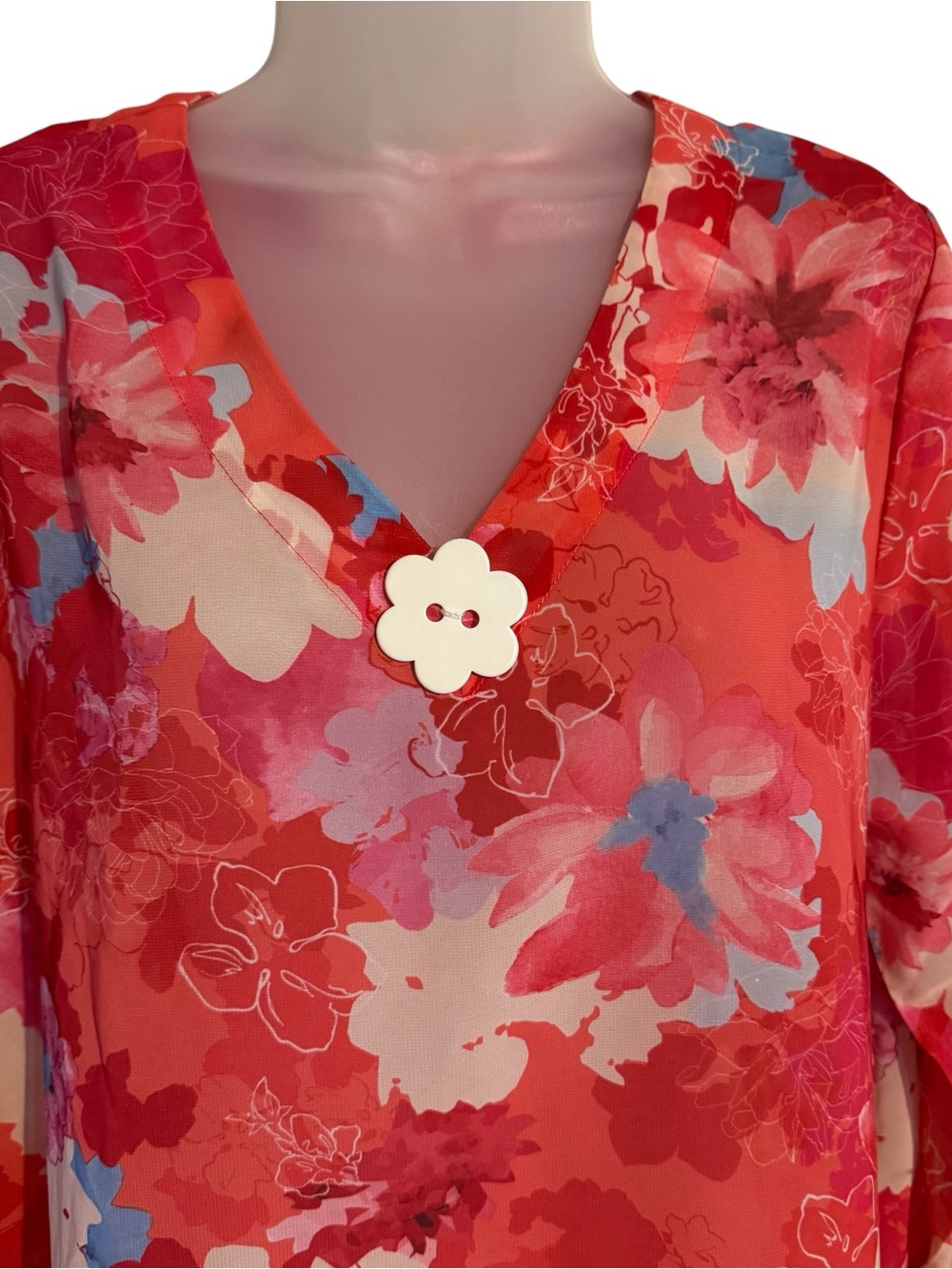 Indigo Soul Beautiful Pink/Coral Floral V-Neck Blouse LARGE #11 - Picture 2 of 7